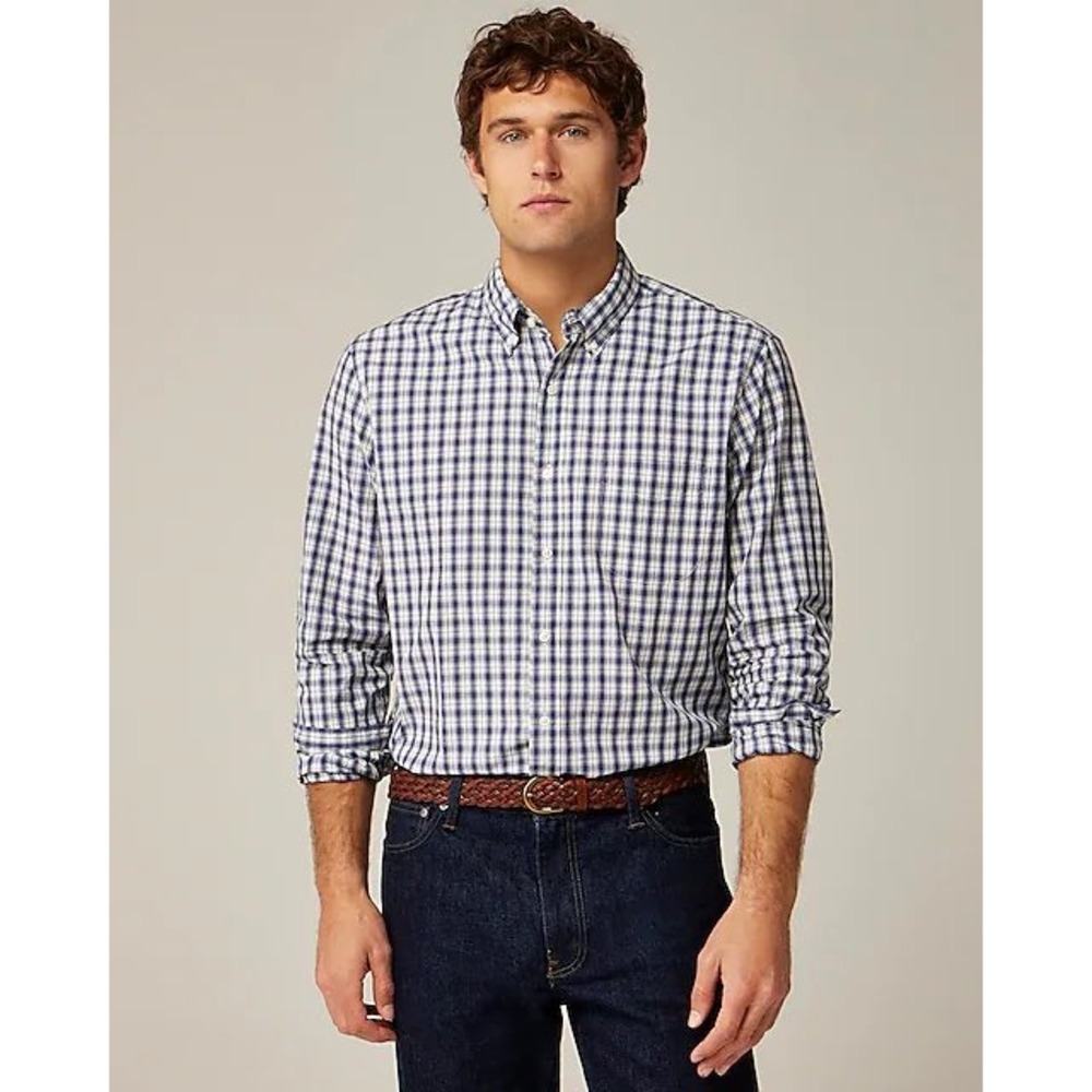 J.Crew Secret Wash Slim Cotton Poplin Shirt M Navy White Check Preppy Heritage